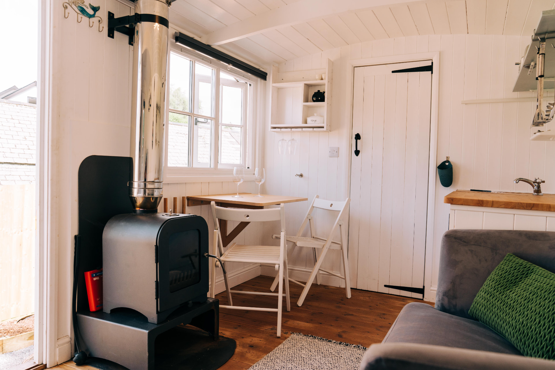 Log burner, folding table and chairs